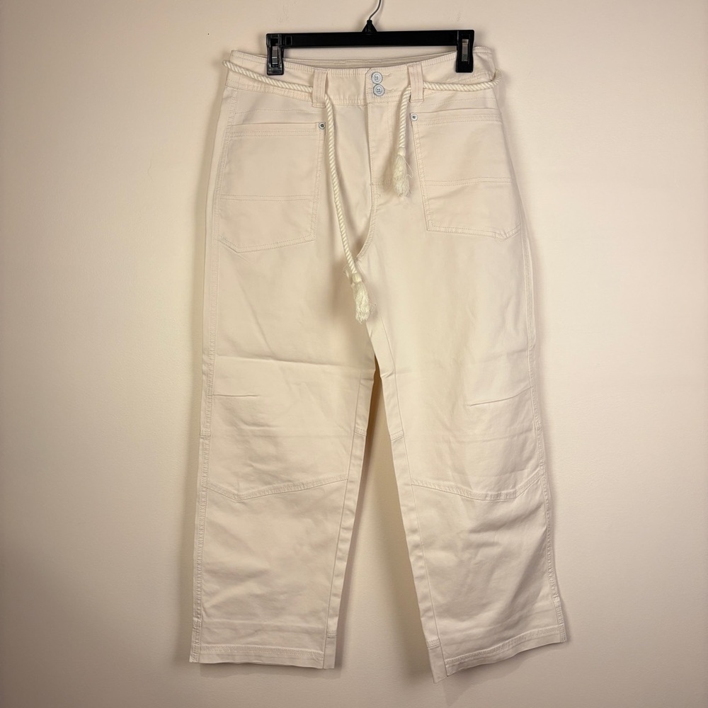 Sundance Cropped Wide Leg Pants Ivory Rope Waist Tie Size 8 Classic Coastal